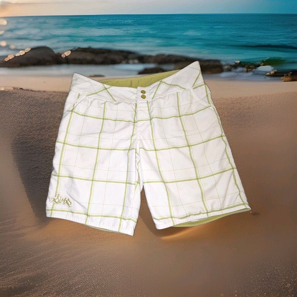 Sims Womens Plaid Long Board Shorts Size 7 White & Green